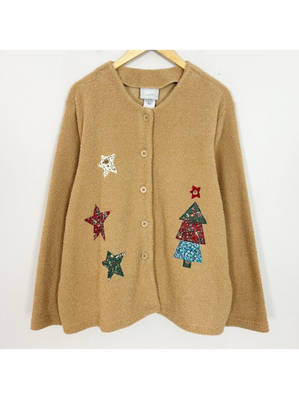 Vintage Women's Sherpa Jacket with Patchwork Christmas Pattern Grandmacore XL
